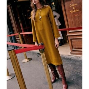 SEZANE Mina Dress Womens 6 Vert Olive Midi Shift Long Sleeve Classic French Girl